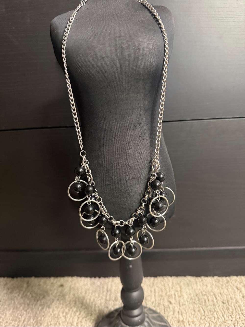 Black Beaded Ring-Accent Necklace - Unbranded